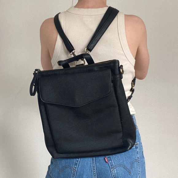 Anthropologie Antik Kraft Black Vegan Leather Convertible Backpack Diaper Bag - Picture 2 of 8